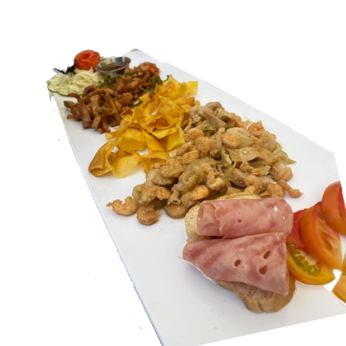 Mar y tierra Pulpo a la bb 115g, filete de pescado 230g y bistec de cerdo 230g y pollo a la brazas 230g.