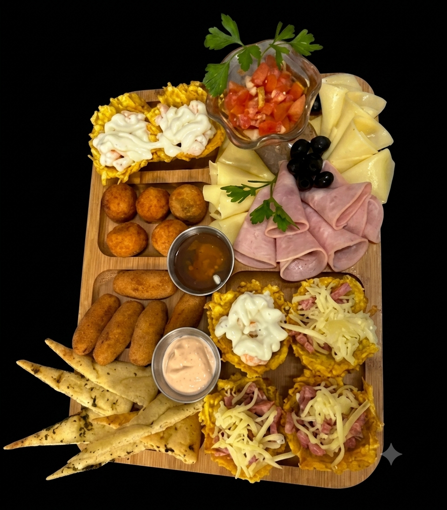 Picadera Especial. (aceitunas, queso gouda, jamon bravo, 5 croquetas, 5 bolitas, 6 focachas, 5 tostones rellenos de jamon y queso, salsa rosa y salsa agridulce.)